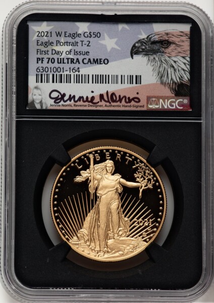 2021-W G$50 One Ounce Gold Eagle, Type Two, FDI, DC FDI Jennie Norris Blk Core 70 NGC