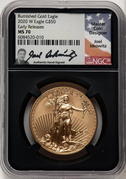2020-W $50 One Ounce Gold Eagle, Burnished, First Strike, SP ER Joel Iskowitz Blk Core 70 NGC