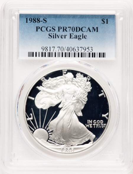 1988-S Proof Silver Eagle 1 oz Blue Gradient 70 PCGS