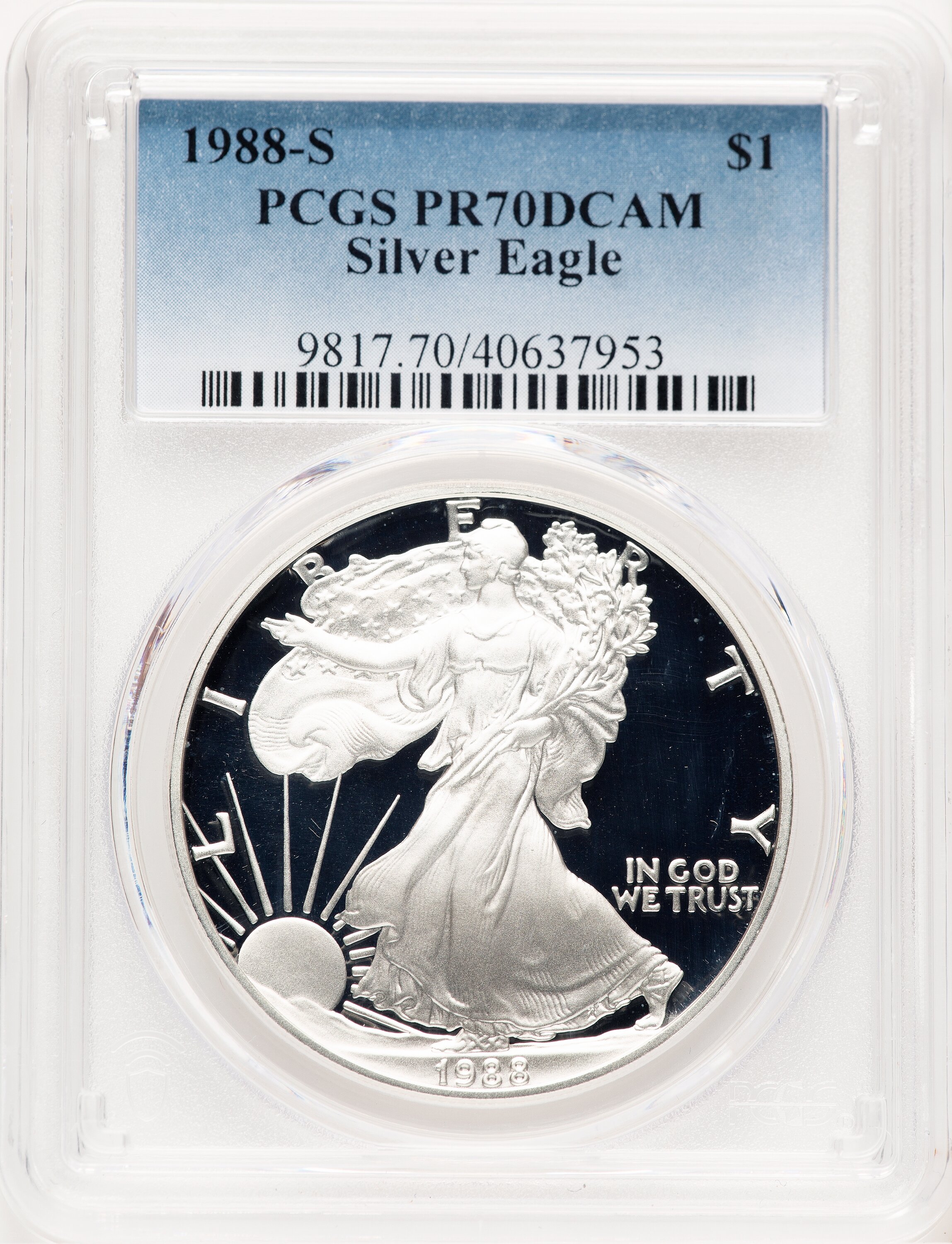 1988-S Proof Silver Eagle 1 oz Blue Gradient 70 PCGS