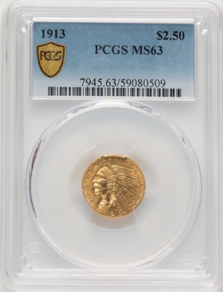 1913 $2 1/2 PCGS Secure 63 PCGS