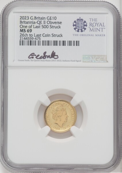 2023 G.B. G10 BRITANNIA-QE II OBVERSE 26TH TO LAST COIN STRUCK 69 NGC