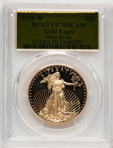2018-W $50 One Ounce Gold Eagle, First Strike, DC FS Gold Foil 70 PCGS
