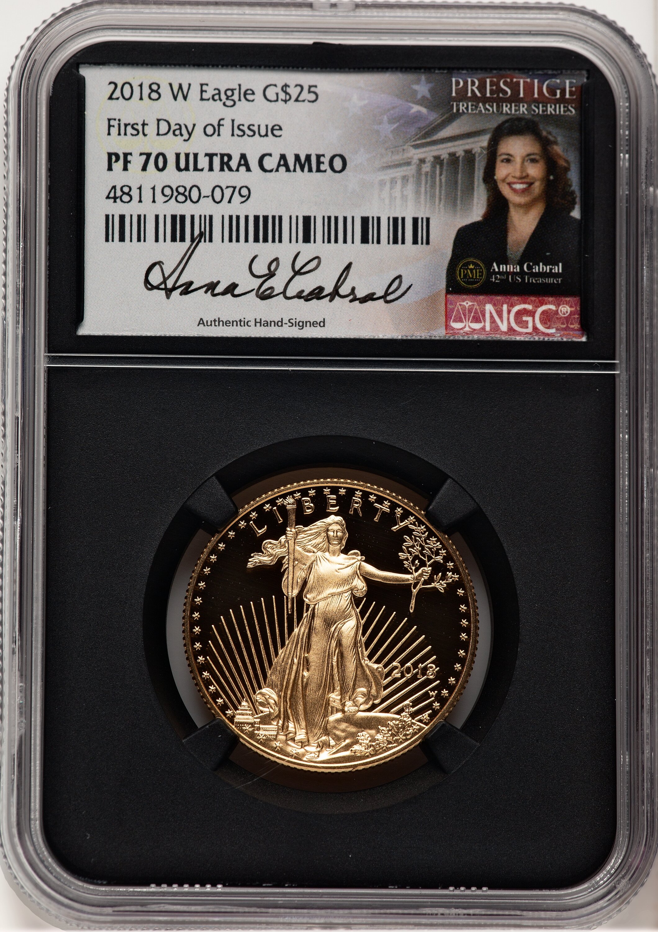 2018-W Proof Gold Eagle 1/2 oz FDI Anna Cabral Prestige Treasurer Series Blk Core 70 NGC