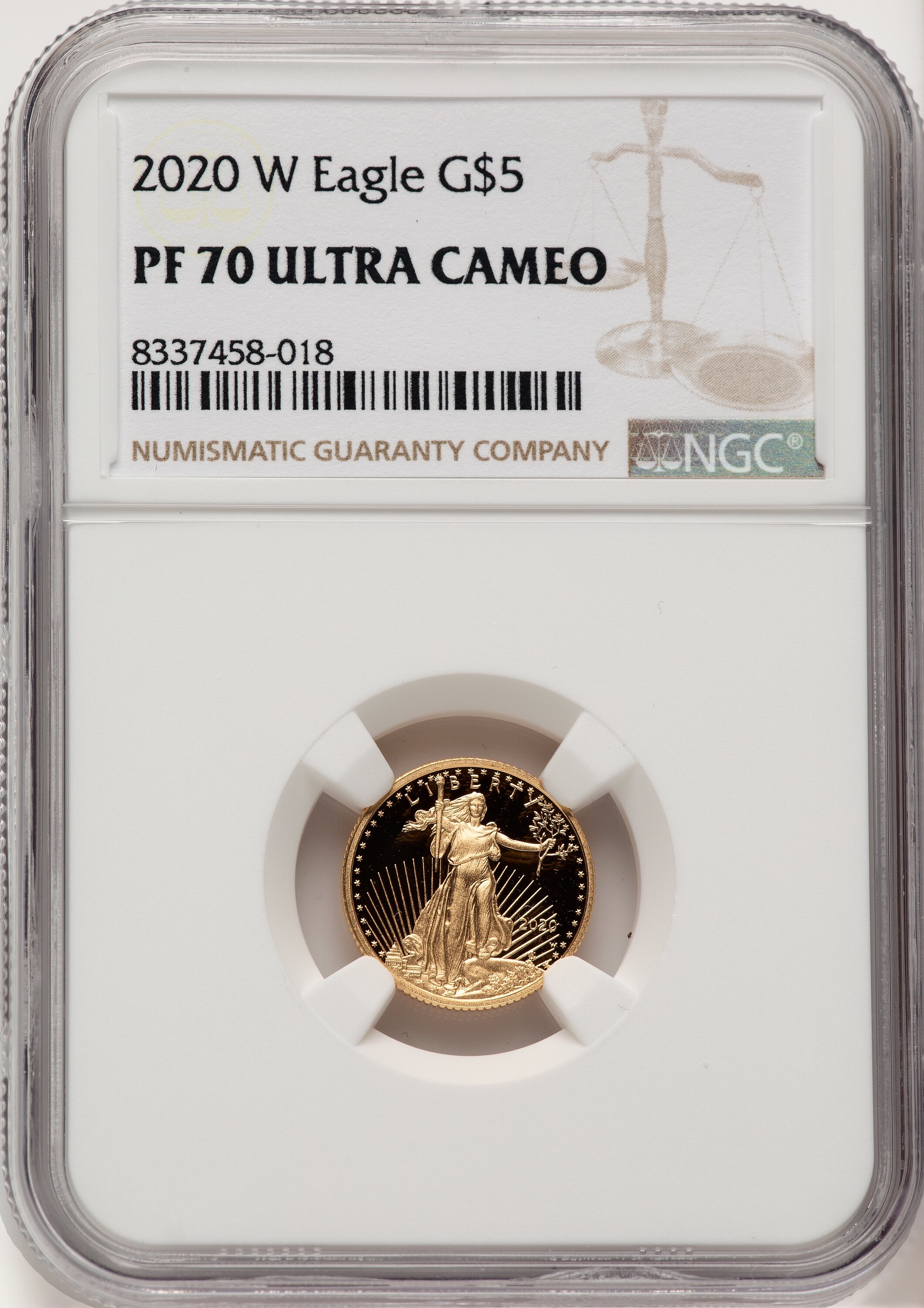 2020-W $5 One-Tenth Ounce Gold Eagle, DC Brown Label 70 NGC
