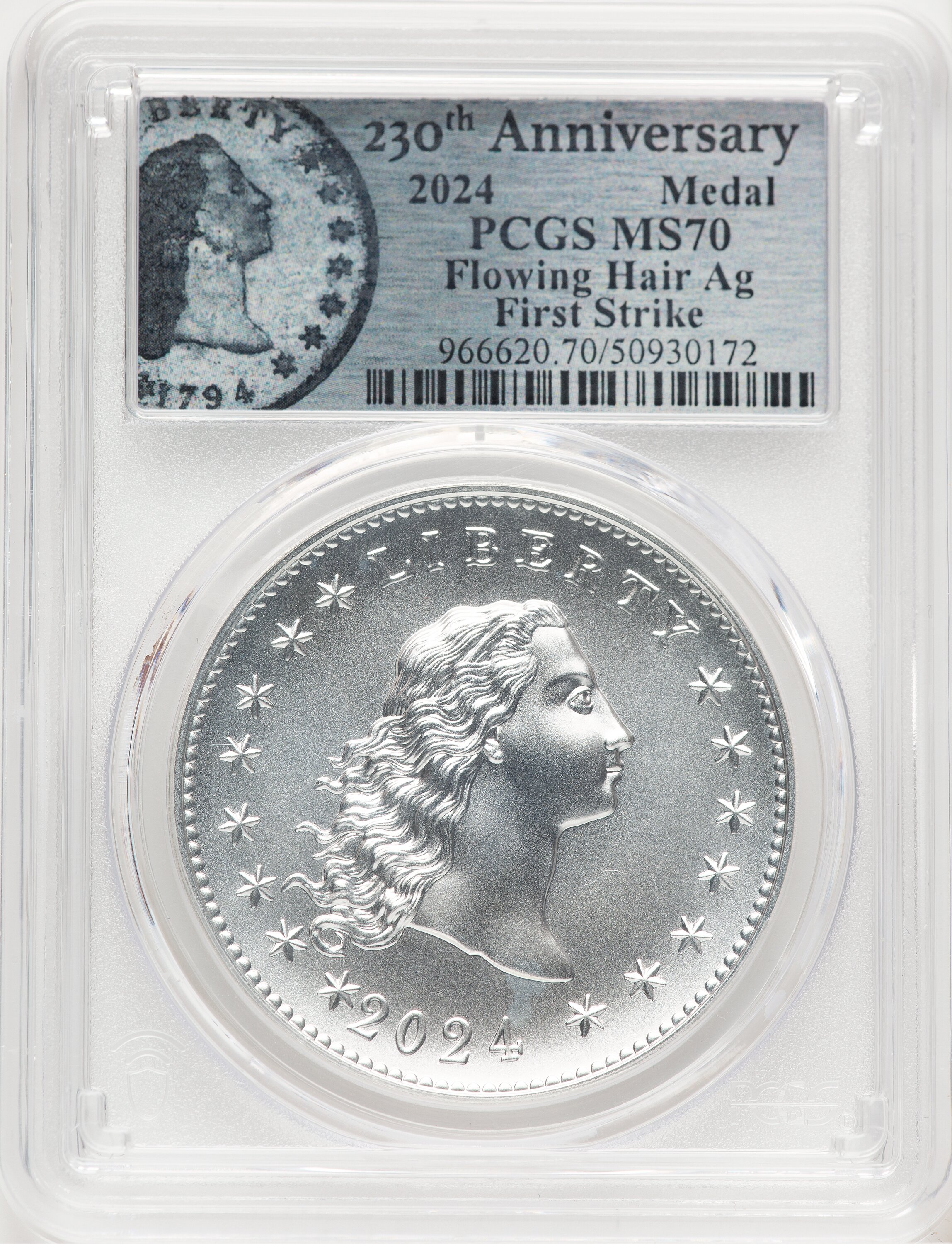 2024-(P) Silver 230th Anniversary Flowing Hair Medal FS Flowing Hair Label 70 PCGS