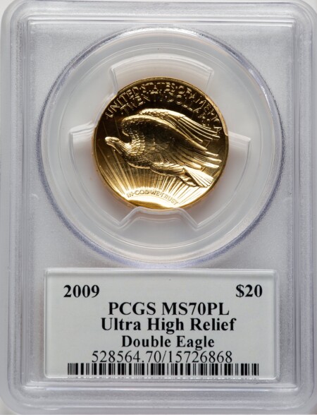 2009 G$20 Ultra High Relief, PL Saint Gaudens Label 70 PCGS