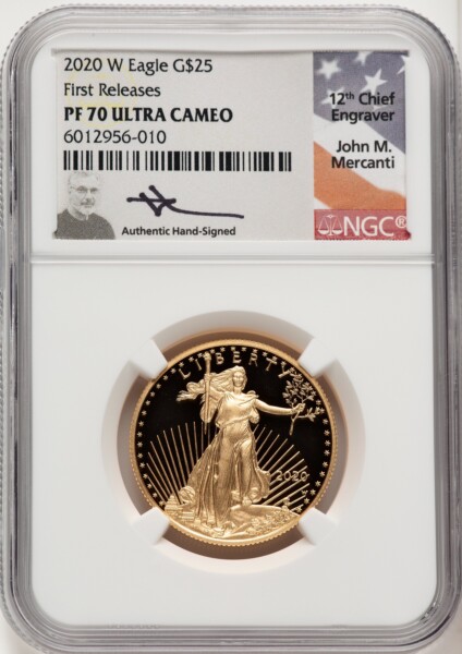 2020-W $25 Half-Ounce Gold Eagle, First Strike, DC FR John Mercanti 70 NGC