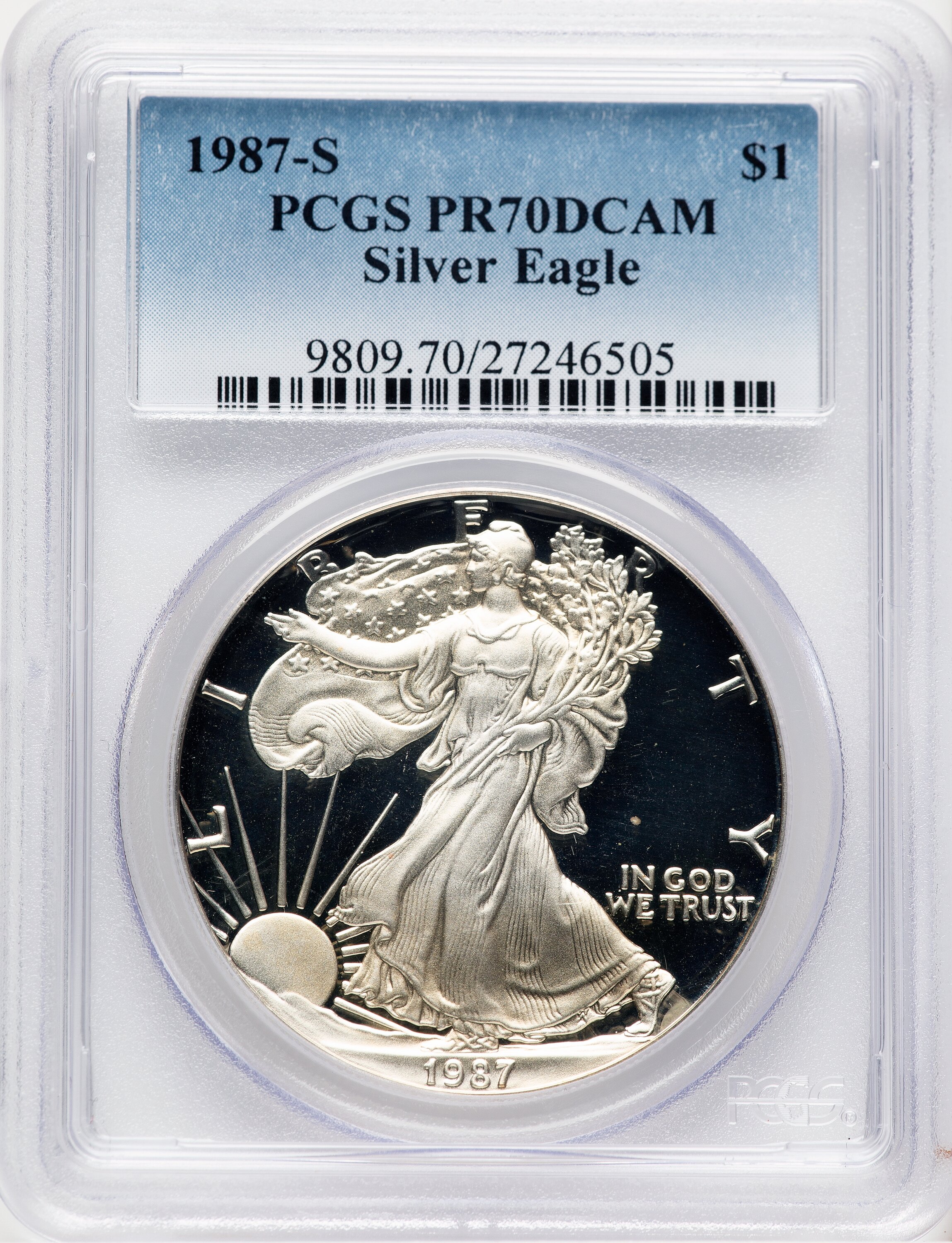 1987-S Proof Silver Eagle 1 oz Blue Gradient 70 PCGS