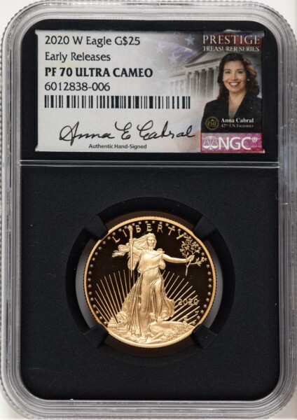 2020-W Proof Gold Eagle 1/2 oz ER Anna Cabral Prestige Treasurer Series Blk Core 70 NGC