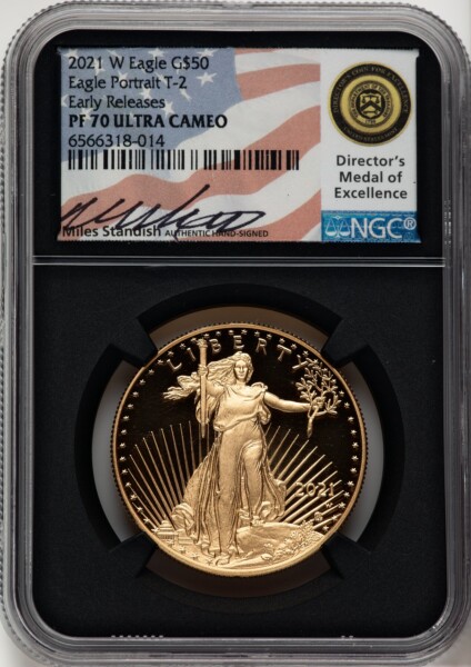 2021-W G$50 One Ounce Gold Eagle, Type Two, First Strike, DC ER Miles Standish 70 NGC