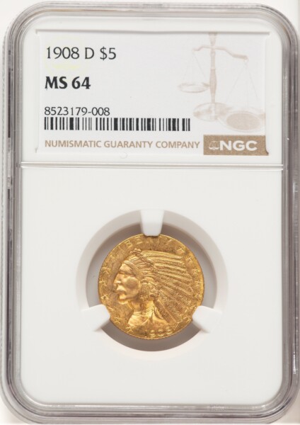 1908-D $5 64 NGC