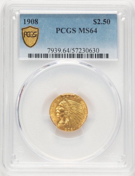 1908 $2 1/2 PCGS Secure 64 PCGS