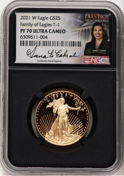 2021-W Type 1 Proof Gold Eagle 1/2 oz Anna Cabral Prestige Treasurer Series Blk Core 70 NGC