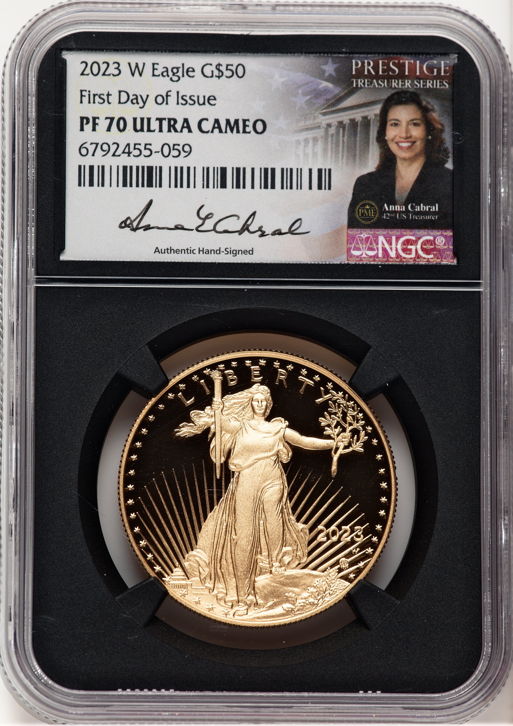 2023-W Proof Gold Eagle 1 oz FDI Anna Cabral Prestige Treasurer Series Blk Core 70 NGC
