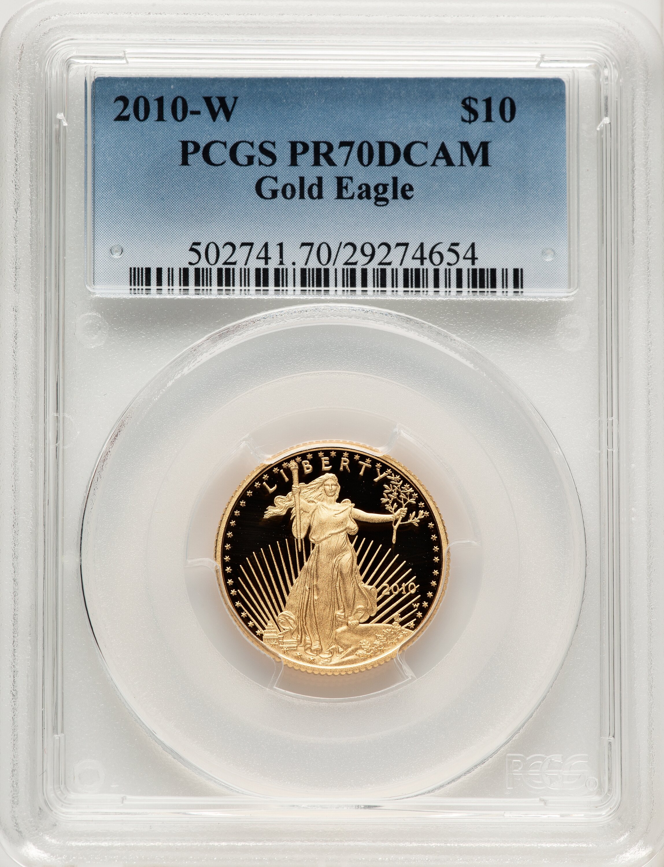 2010-W $10 Quarter-Ounce Gold Eagle, PR DC Blue Gradient 70 PCGS