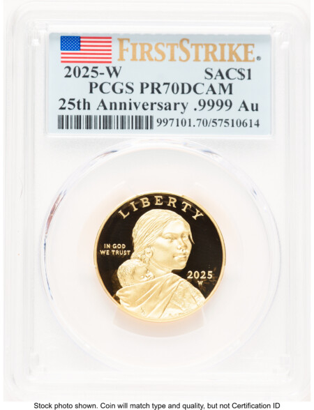2025-W 1/2 oz Proof Gold Sacagawea 25th Anniversary FS Flag 70 PCGS