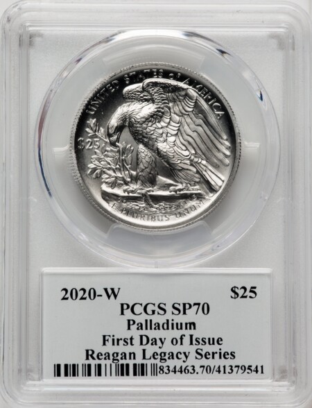 2020-W Palladium Eagle 1 oz Burnished FDI Reagan Legacy Series Michael Reagan 70 PCGS