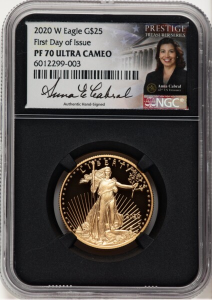 2020-W Proof Gold Eagle 1/2 oz FDI Anna Cabral Prestige Treasurer Series Blk Core 70 NGC