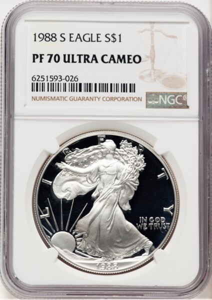 1988-S Proof Silver Eagle 1 oz Brown Label 70 NGC