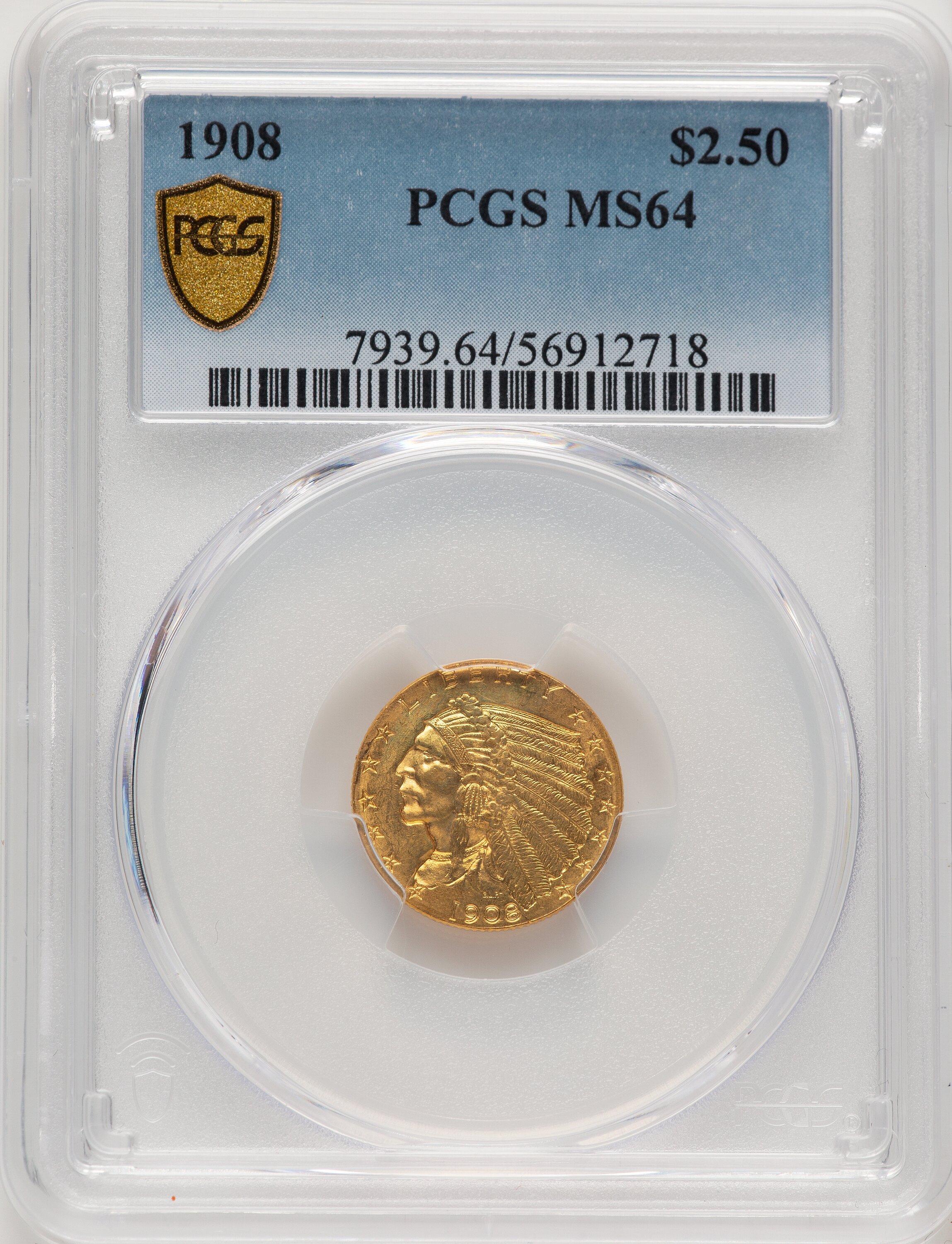 1908 $2 1/2 PCGS Secure 64 PCGS