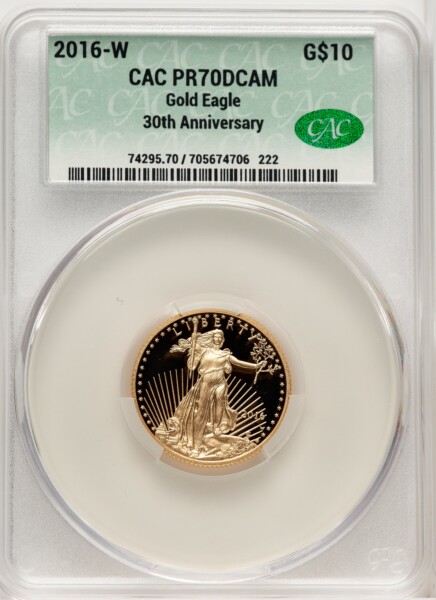 2016-W $10 Quarter-Ounce Gold Eagle, 30th Anniversary, DC Brown Label 70 CACG