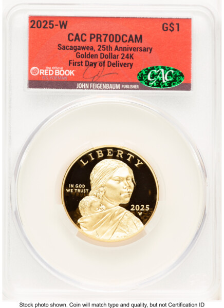 2025-W 1/2 oz Proof Gold Sacagawea 25th Anniversary First Day of Delivery John Feigenbaum Red Book 70 CACG