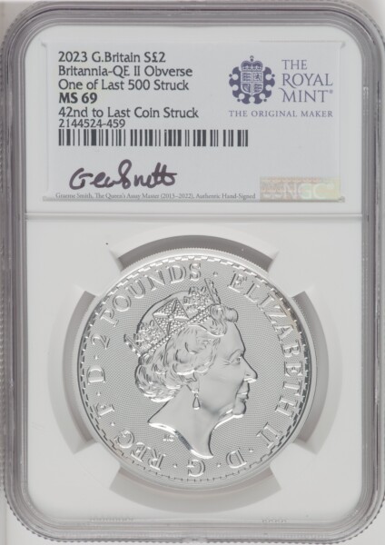2023 G.B. S2 BRITANNIA-QE II OBVERSE 42ND TO LAST COIN STRUCK. 69 NGC