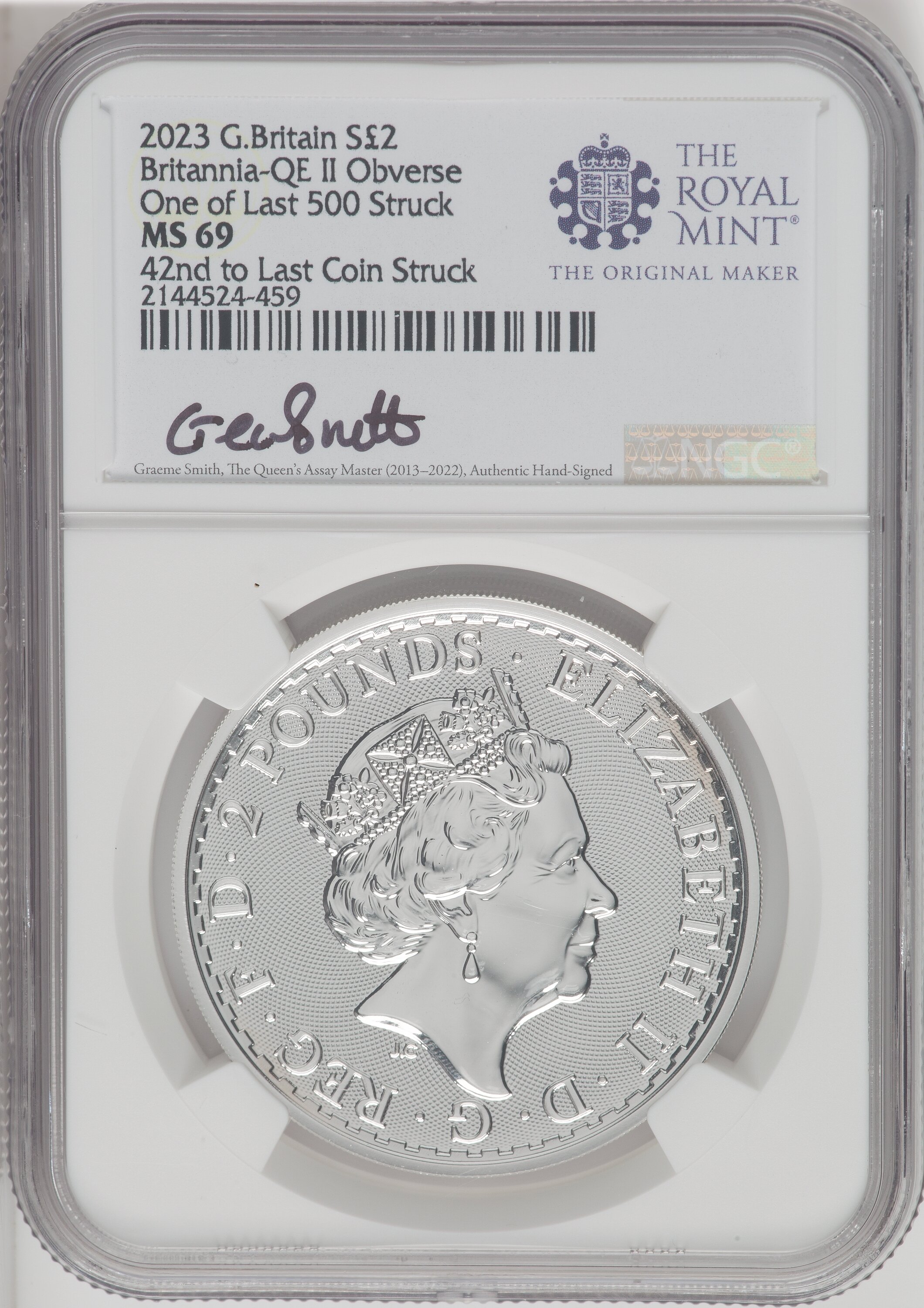 2023 G.B. S2 BRITANNIA-QE II OBVERSE 42ND TO LAST COIN STRUCK. 69 NGC