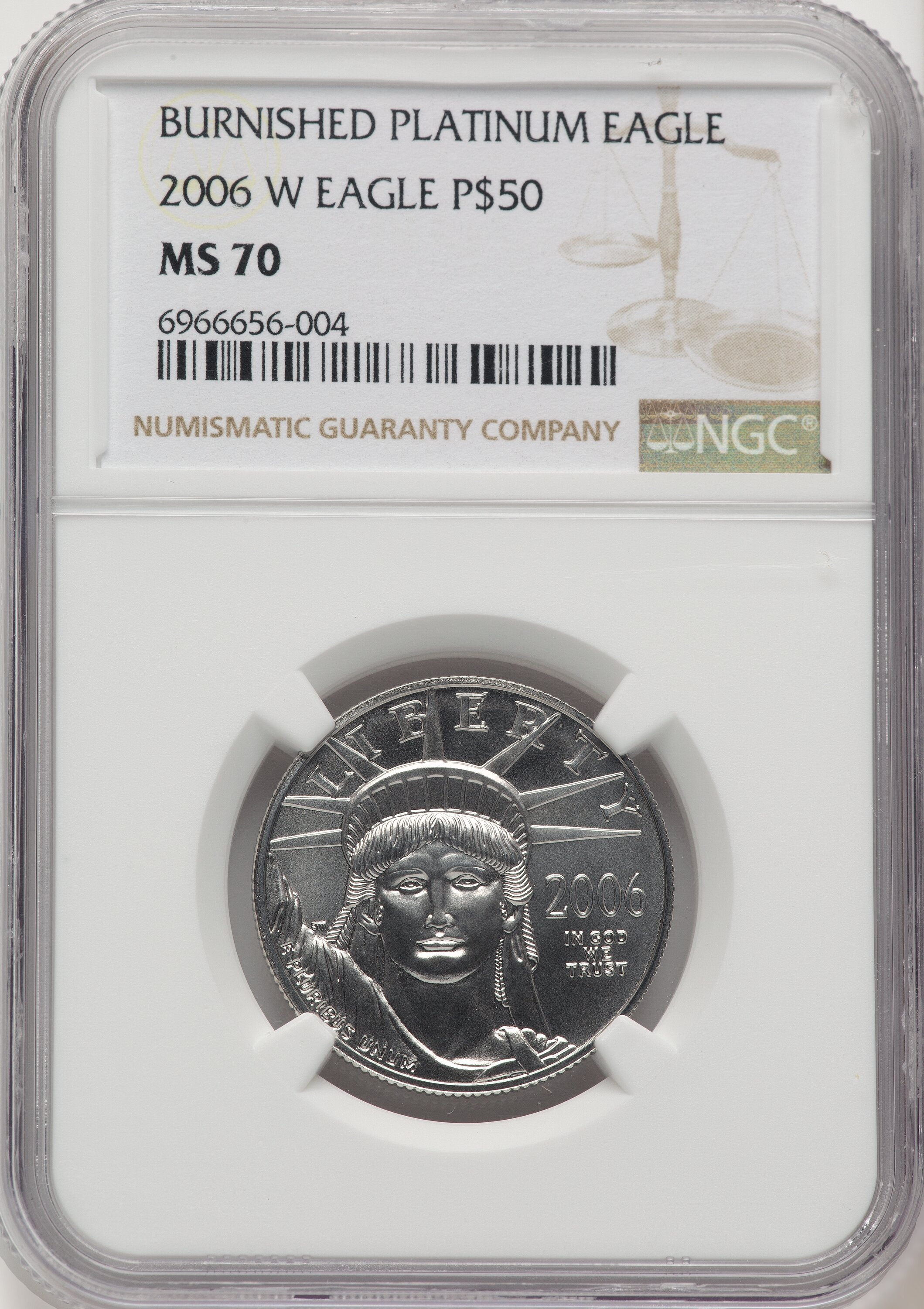 2006-W $50Half-Ounce Platinum Eagle, Burnished, SP Brown Label 70 NGC