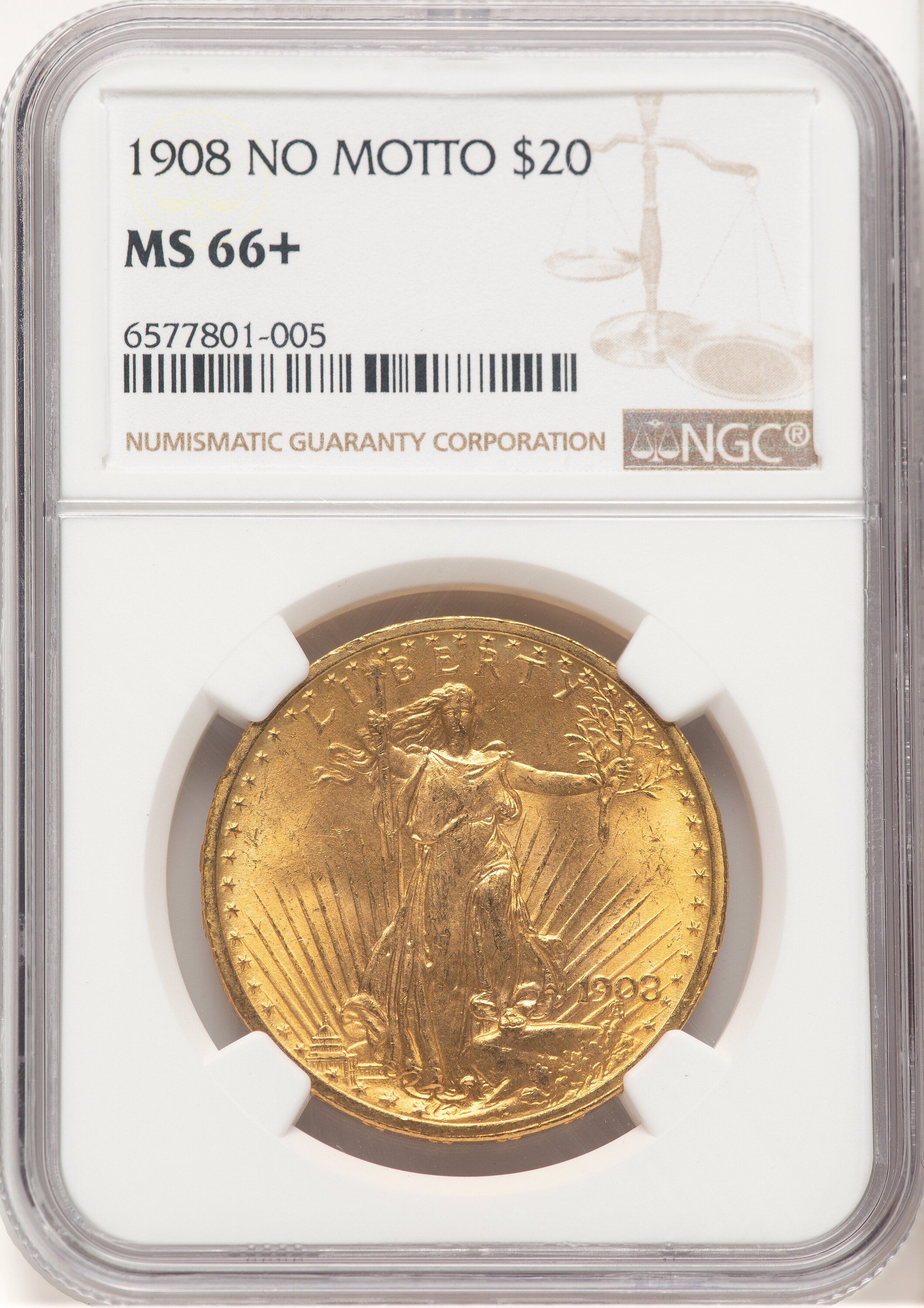 1908 $20 NO MOTTO NGC Plus 66 NGC