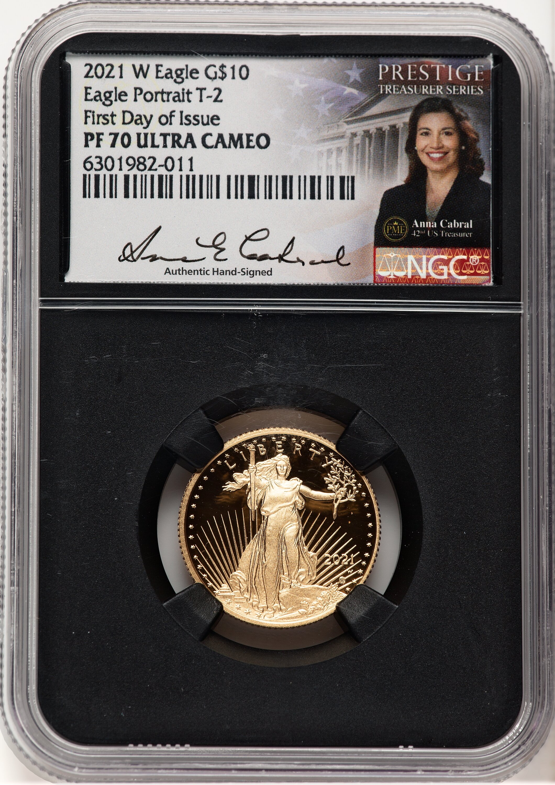 2021-W Type 2 Proof Gold Eagle 1/4 oz FDI Anna Cabral Prestige Treasurer Series Blk Core 70 NGC
