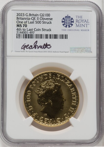 2023 G.B. G100 BRITANNIA-QE II OBVERSE 4TH TO LAST COIN STRUCK 70 NGC