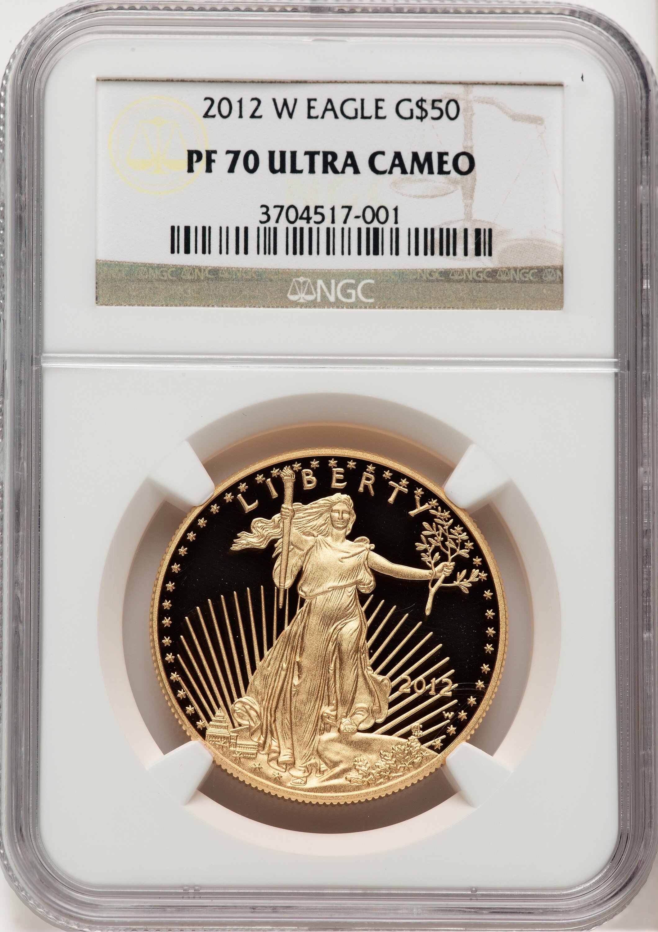 2012-W $50 One-Ounce Gold Eagle PR, DC Brown Label 70 NGC