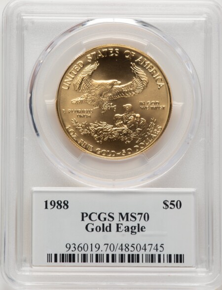 1988 $50 One-Ounce Gold Eagle, MS Saint Gaudens Label 70 PCGS