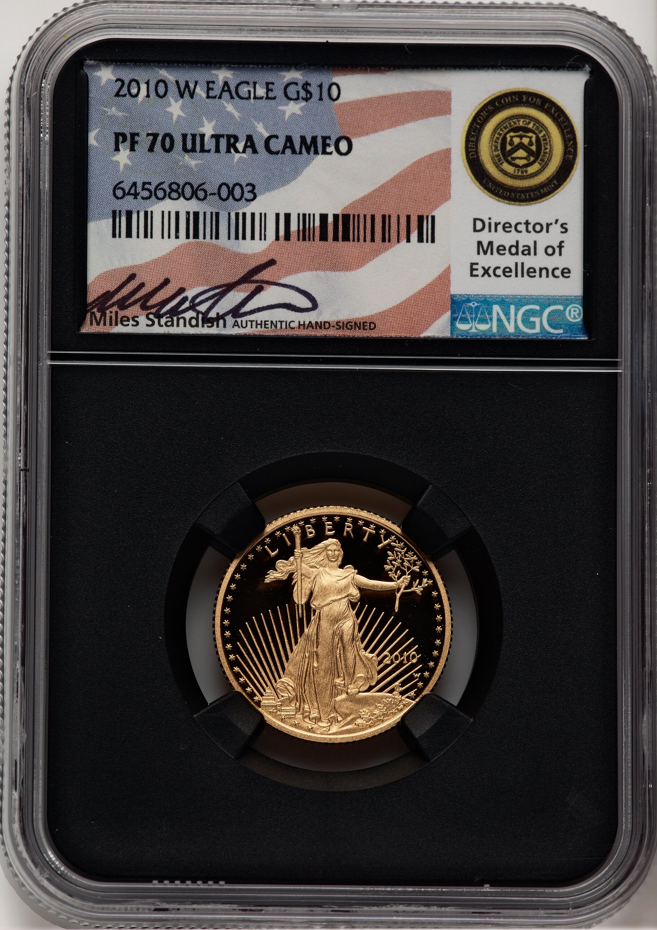 2010-W $10 Quarter-Ounce Gold Eagle, PR DC Miles Standish 70 NGC