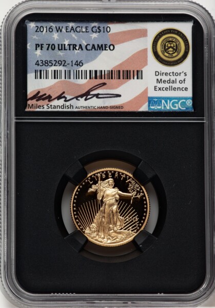 2016-W $10 Quarter-Ounce Gold Eagle, 30th Anniversary, DC Miles Standish 70 NGC