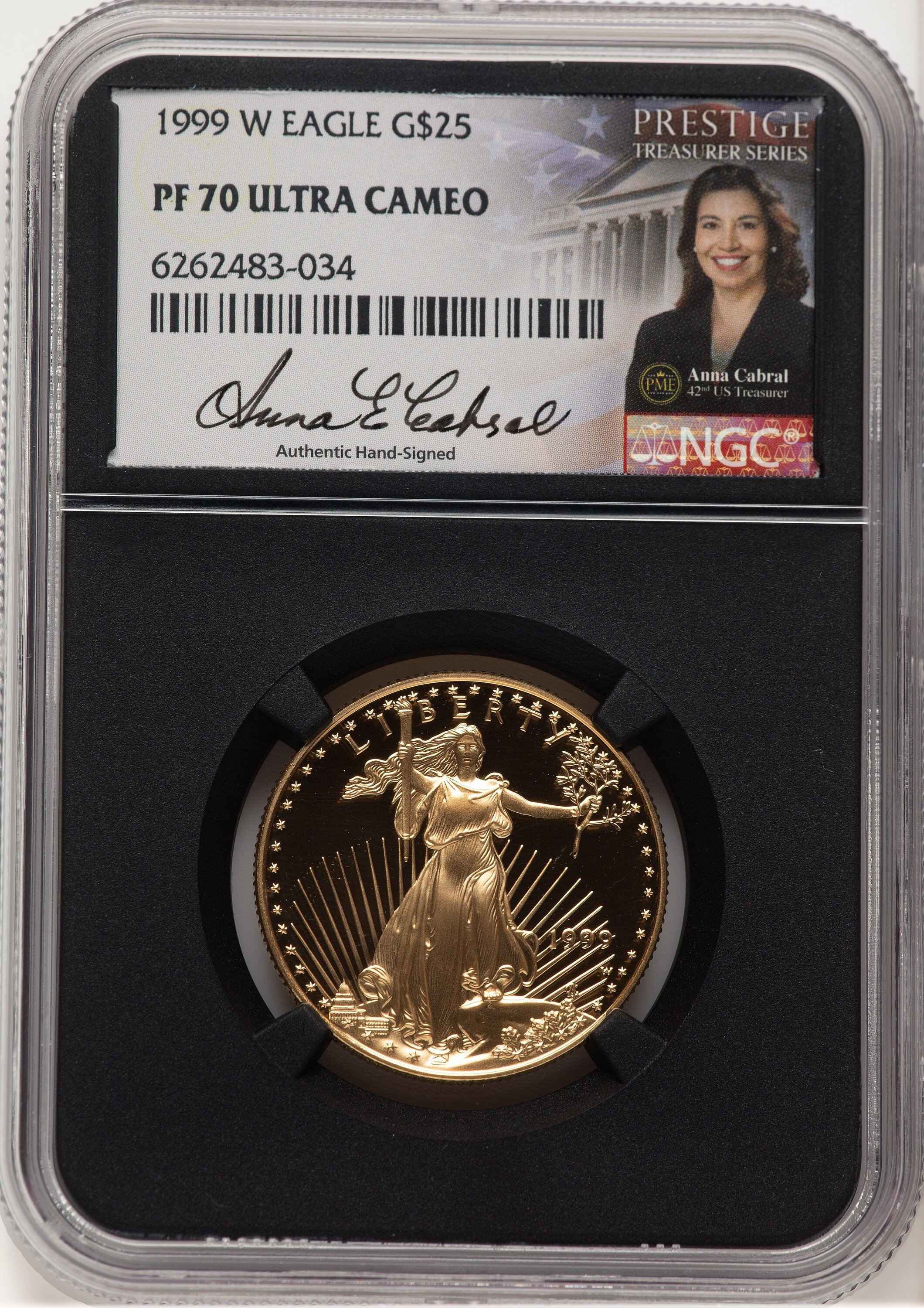 1999-W Proof Gold Eagle 1/2 oz Anna Cabral Prestige Treasurer Series Blk Core 70 NGC