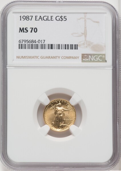 1987 $5 Tenth-Ounce Gold Eagle, MS Brown Label 70 NGC