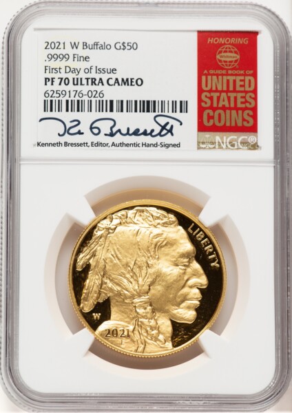 2021-W Proof Gold Buffalo 1 oz FDI Kenneth Bressett Red Book 70 NGC