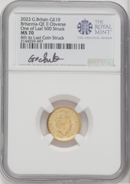 2023 G.B. G10 BRITANNIA-QE II OBVERSE 4TH TO LAST COIN STRUCK 70 NGC