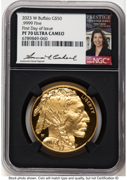 2023-W Proof Gold Buffalo 1 oz FDI Anna Cabral Prestige Treasurer Series Blk Core 70 NGC