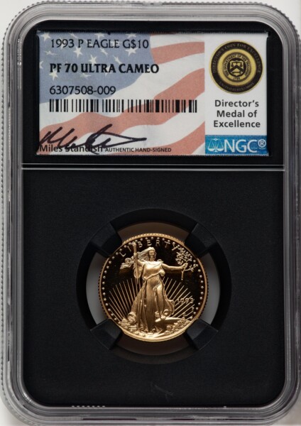 1993-P $10 Quarter-Ounce Gold Eagle, PR, DC Miles Standish 70 NGC
