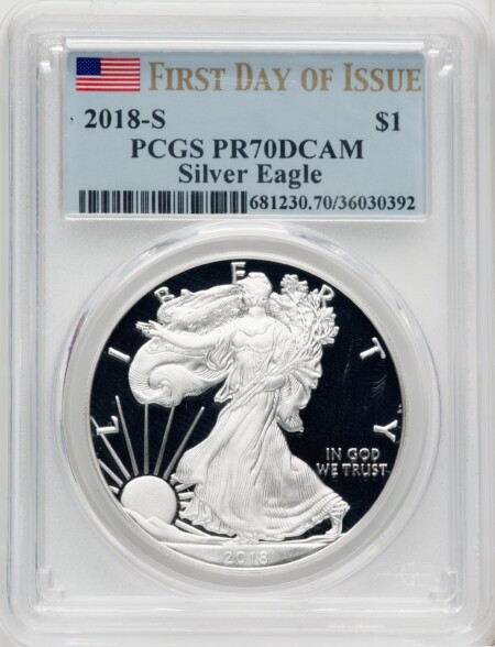 2018-S Proof Silver Eagle 1 oz FDI Flag 70 PCGS