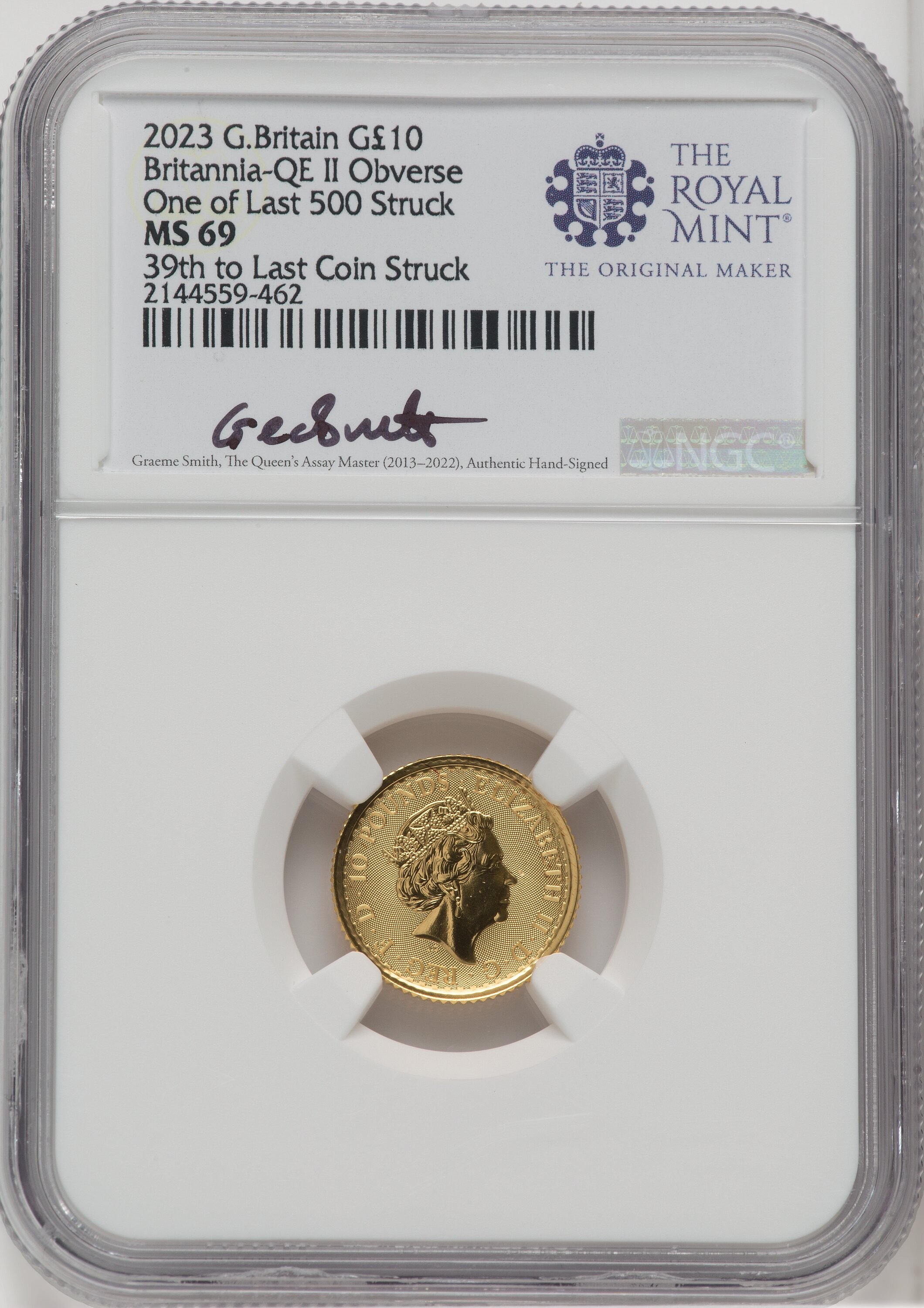 2023 G.B. G10 BRITANNIA-QE II OBVERSE 39TH TO LAST COIN STRUCK 69 NGC