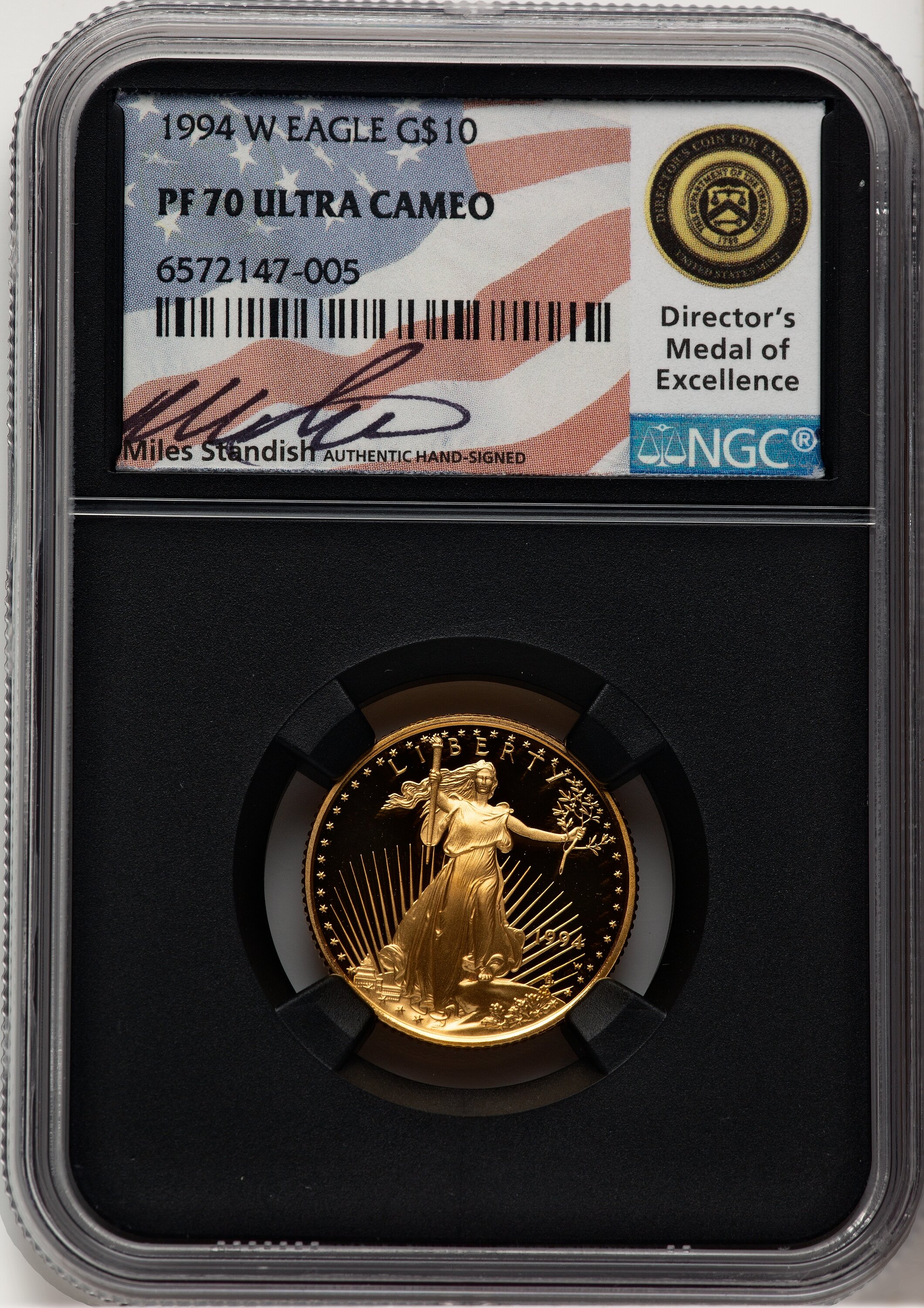 1994-W $10 Quarter-Ounce Gold Eagle, PR, DC Miles Standish 70 NGC