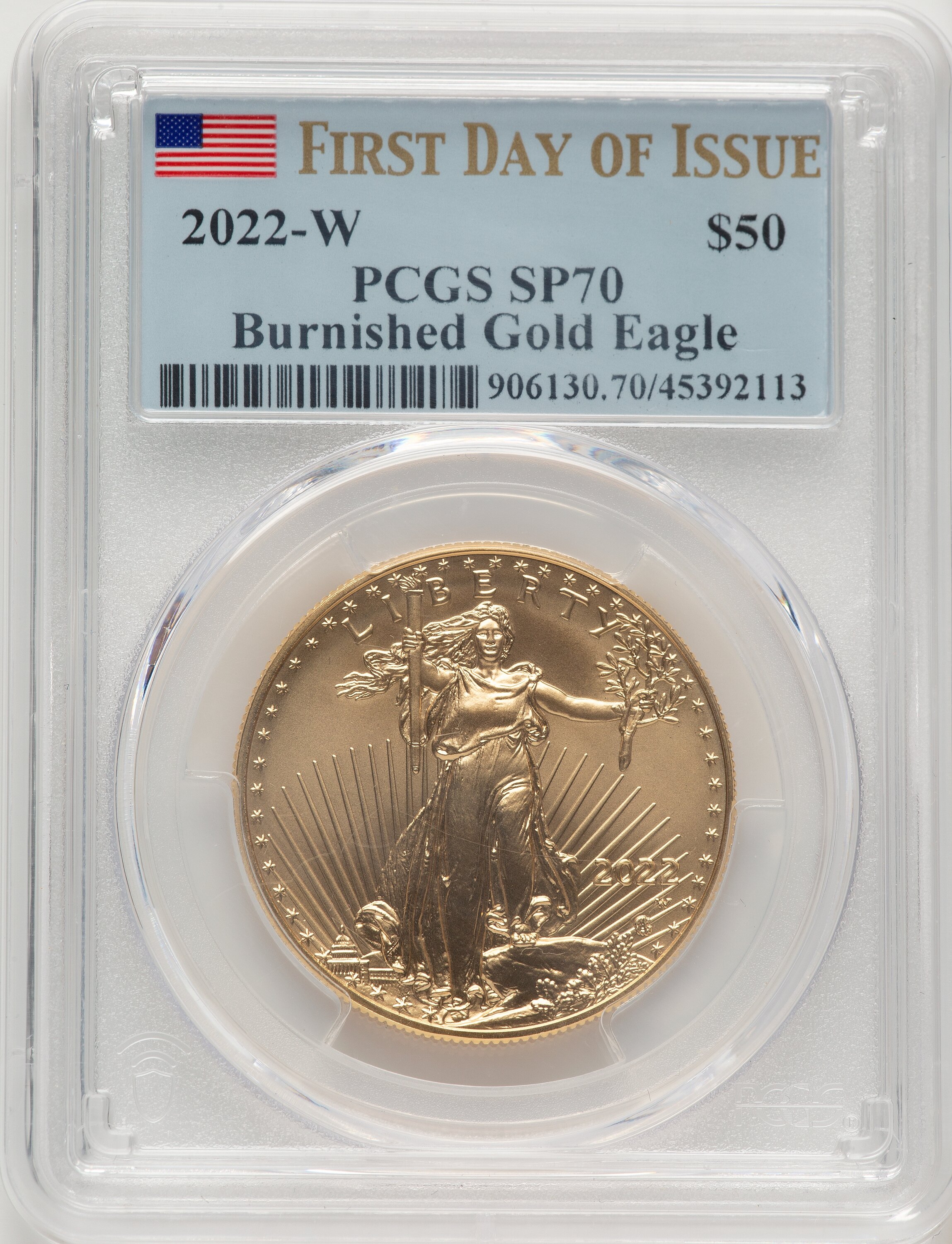 2022-W One-Ounce Gold Eagle, Burnished, FDI, MS FDI Flag 70 PCGS