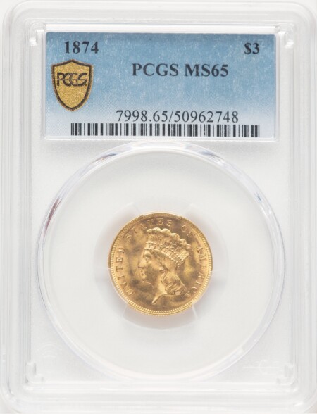 1874 $3 PCGS Secure 65 PCGS