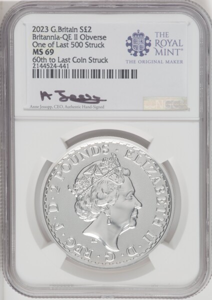 2023 G.B. S2 BRITANNIA-QE II OBVERSE 59TH TO LAST COIN STRUCK. 69 NGC