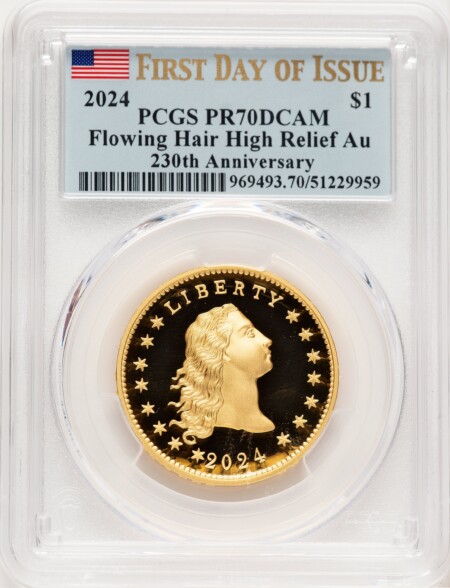 2024-(W) Gold 230th Anniversary Flowing Hair Medal FDI Flag 70 PCGS